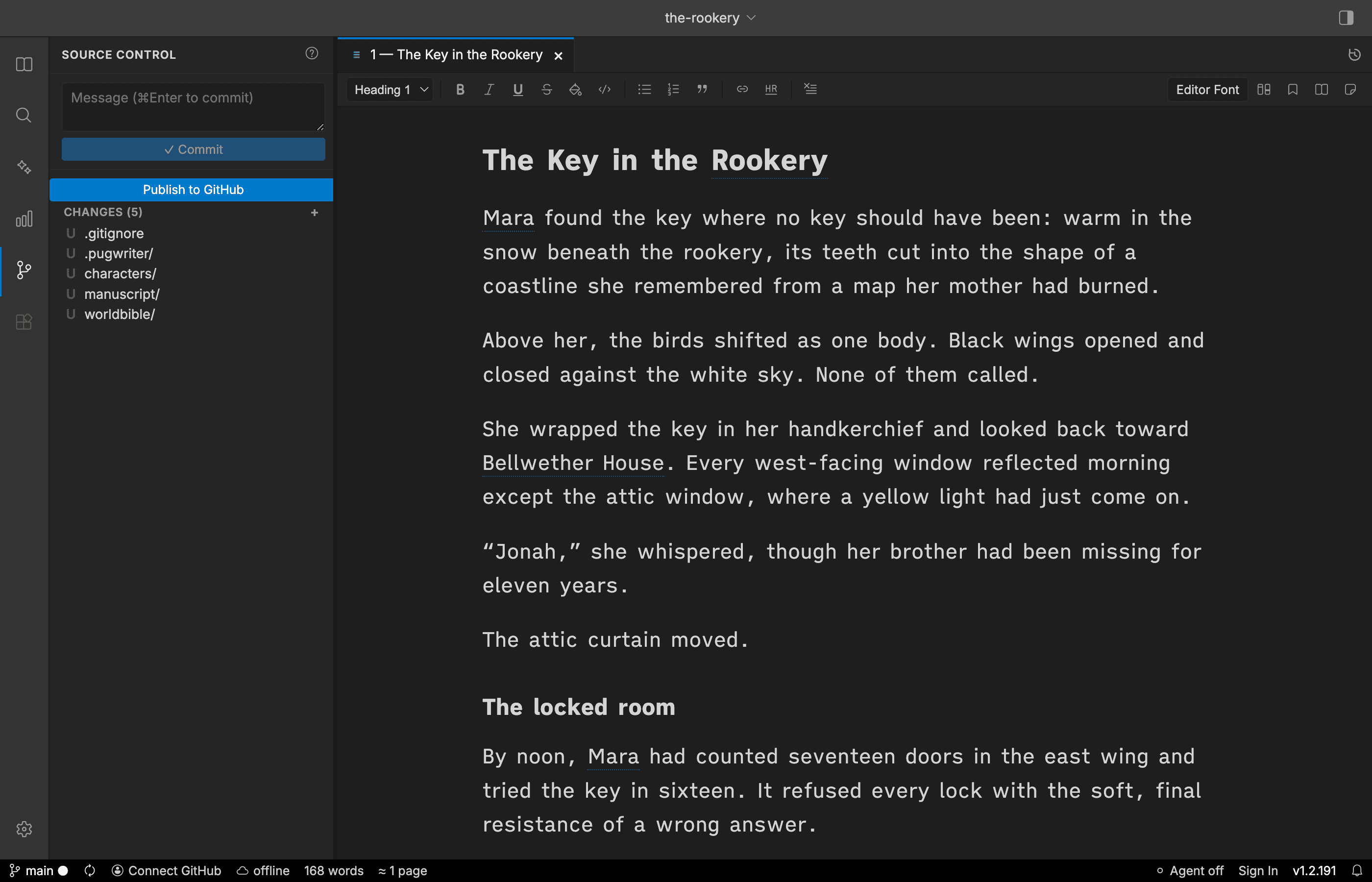 PugWriter Source Control showing changed project files beside the open chapter